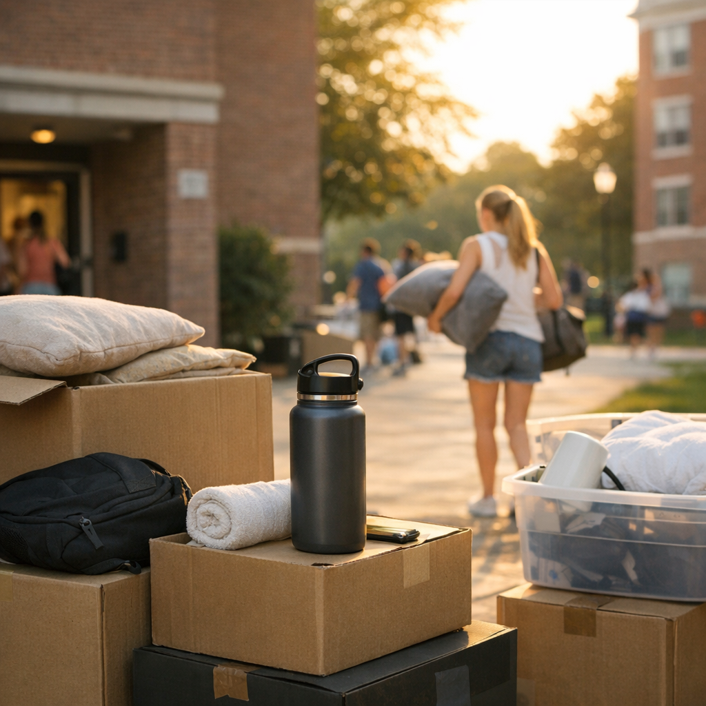 College move-in day with boxes, a reusable water bottle, and warm campus light