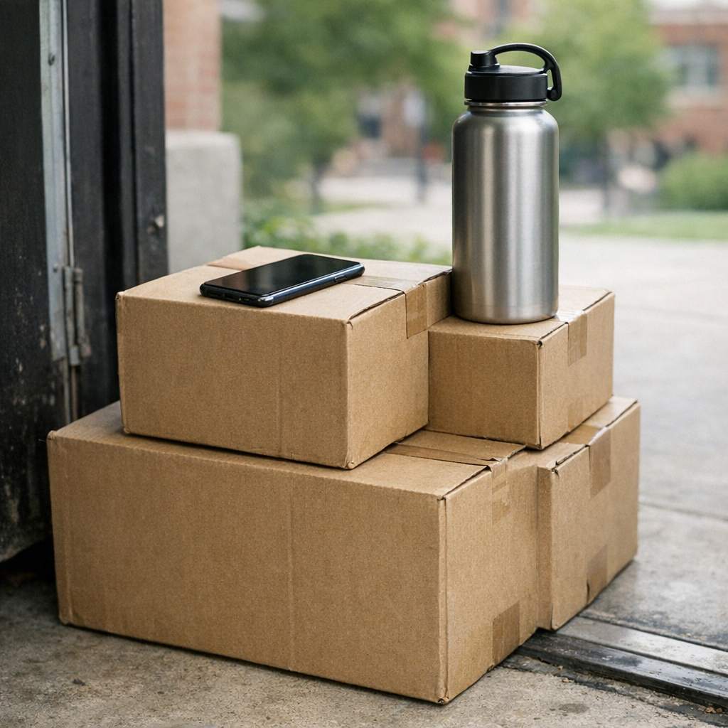 Stacked boxes, a phone, and a reusable water bottle near a campus doorway