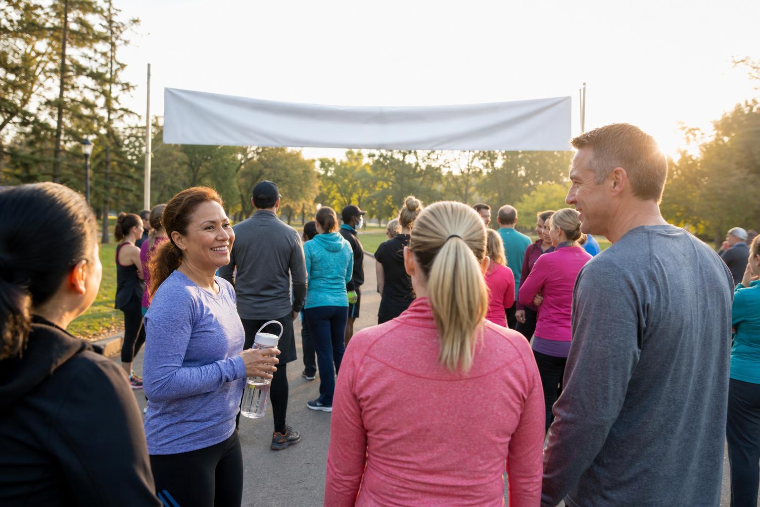 Adults gathering at a sunny neighborhood park before a community fun run, with one runner holding a water bottle