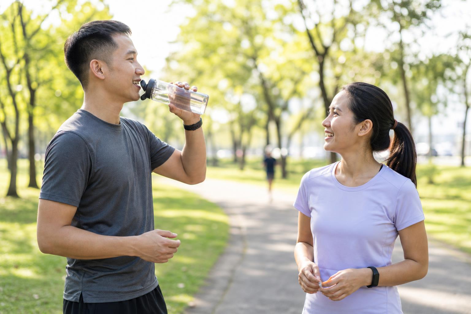 Two runners talking on a sunny park path after a fun run while one drinks water from a reusable bottle