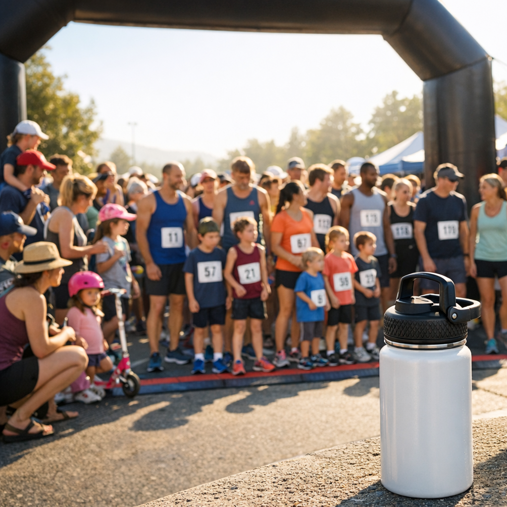Runners and families gathered at a community fun run start line with a reusable water bottle