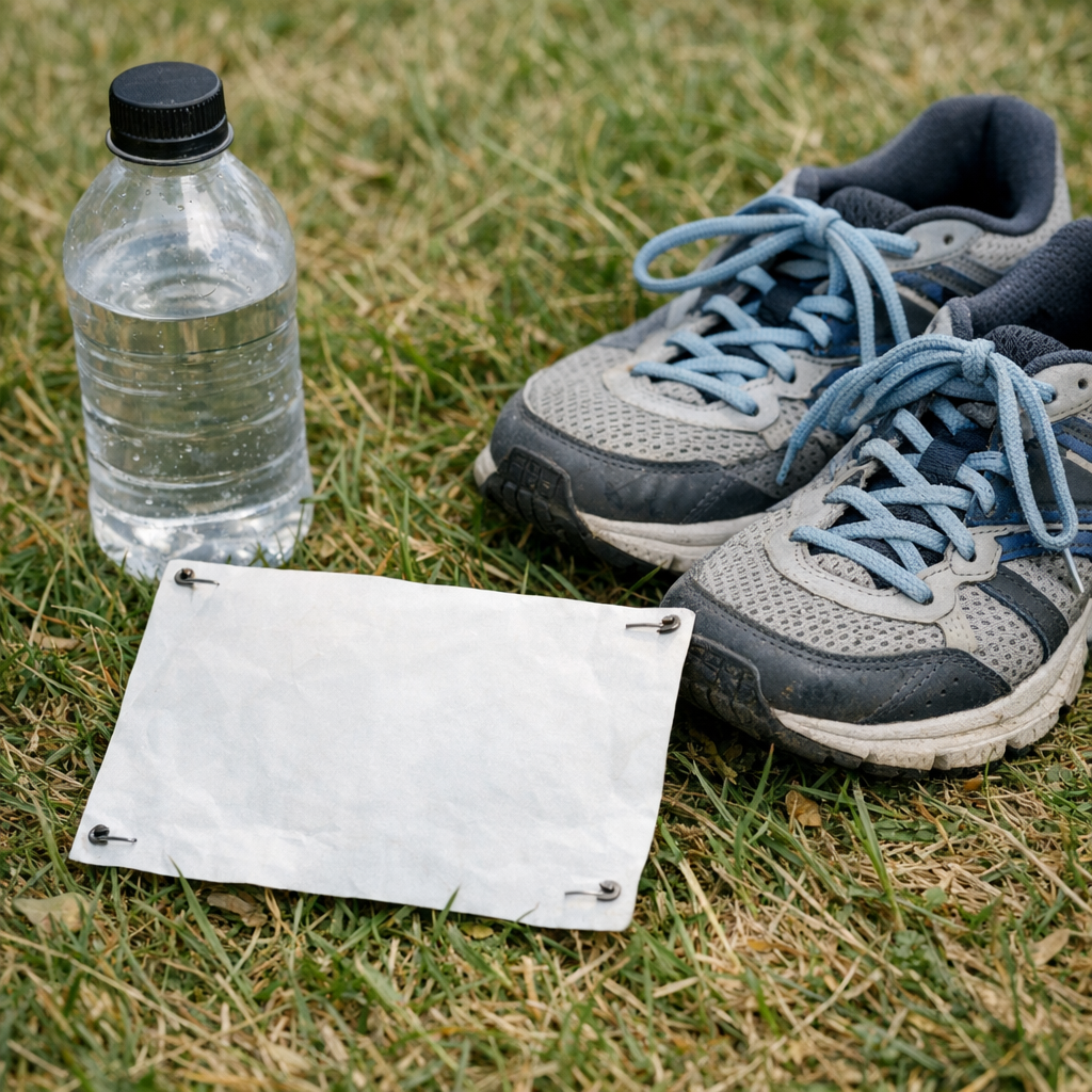 Race bib, sneakers, and a water bottle on grass before a local fun run