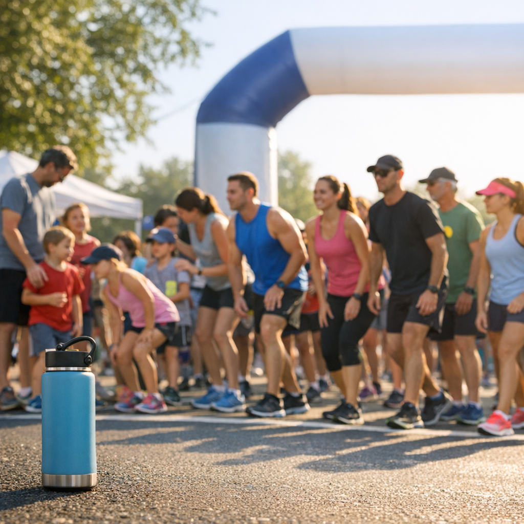 Runners and families gathered at a community fun run start line with a reusable water bottle