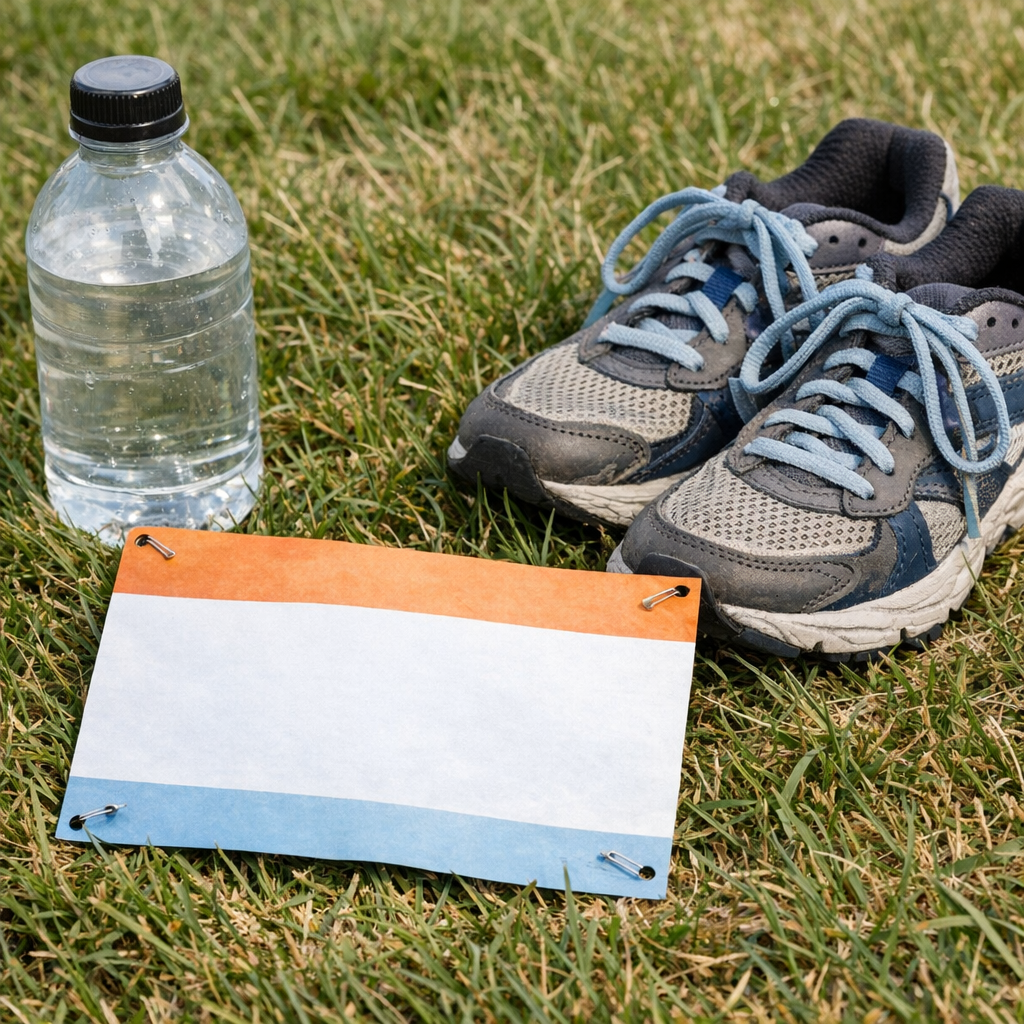 Race bib, sneakers, and a water bottle on grass before a local fun run
