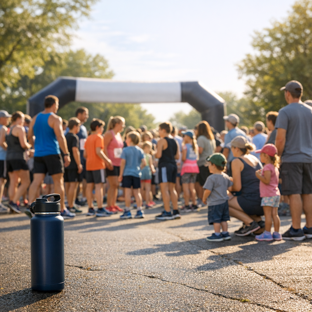 Runners and families gathered at a community fun run start line with a reusable water bottle