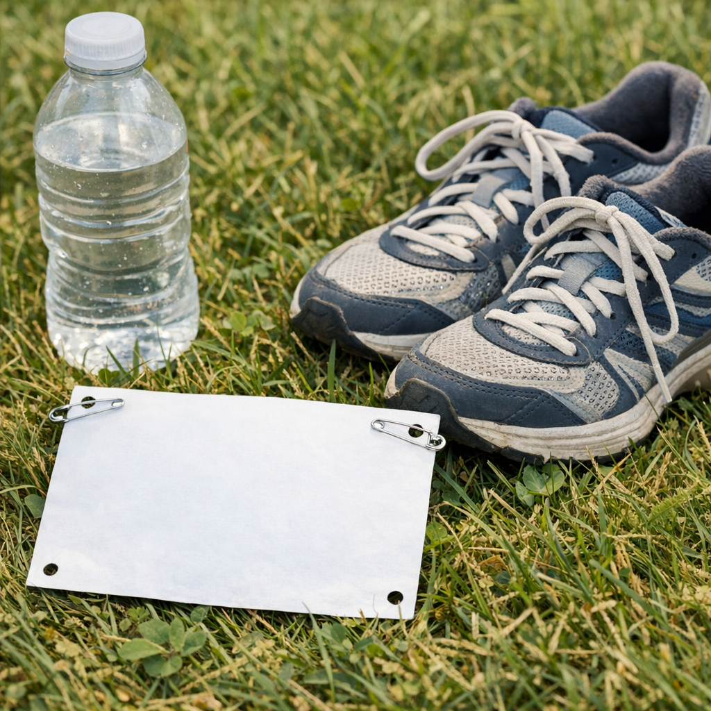 Race bib, sneakers, and a water bottle on grass before a local fun run
