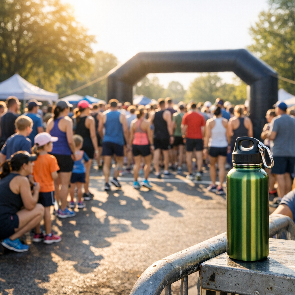 Runners and families gathered at a community fun run start line with a reusable water bottle