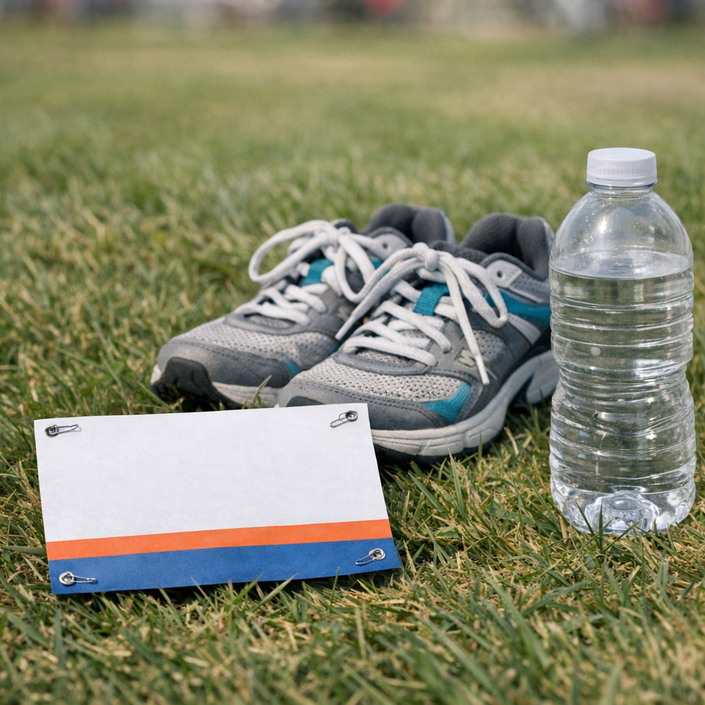 Race bib, sneakers, and a water bottle on grass before a local fun run