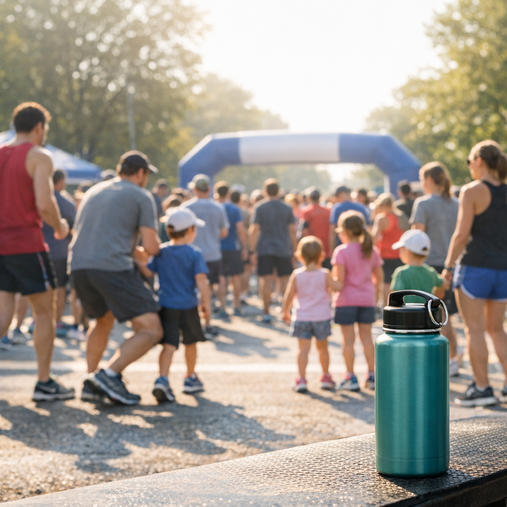 Runners and families gathered at a community fun run start line with a reusable water bottle