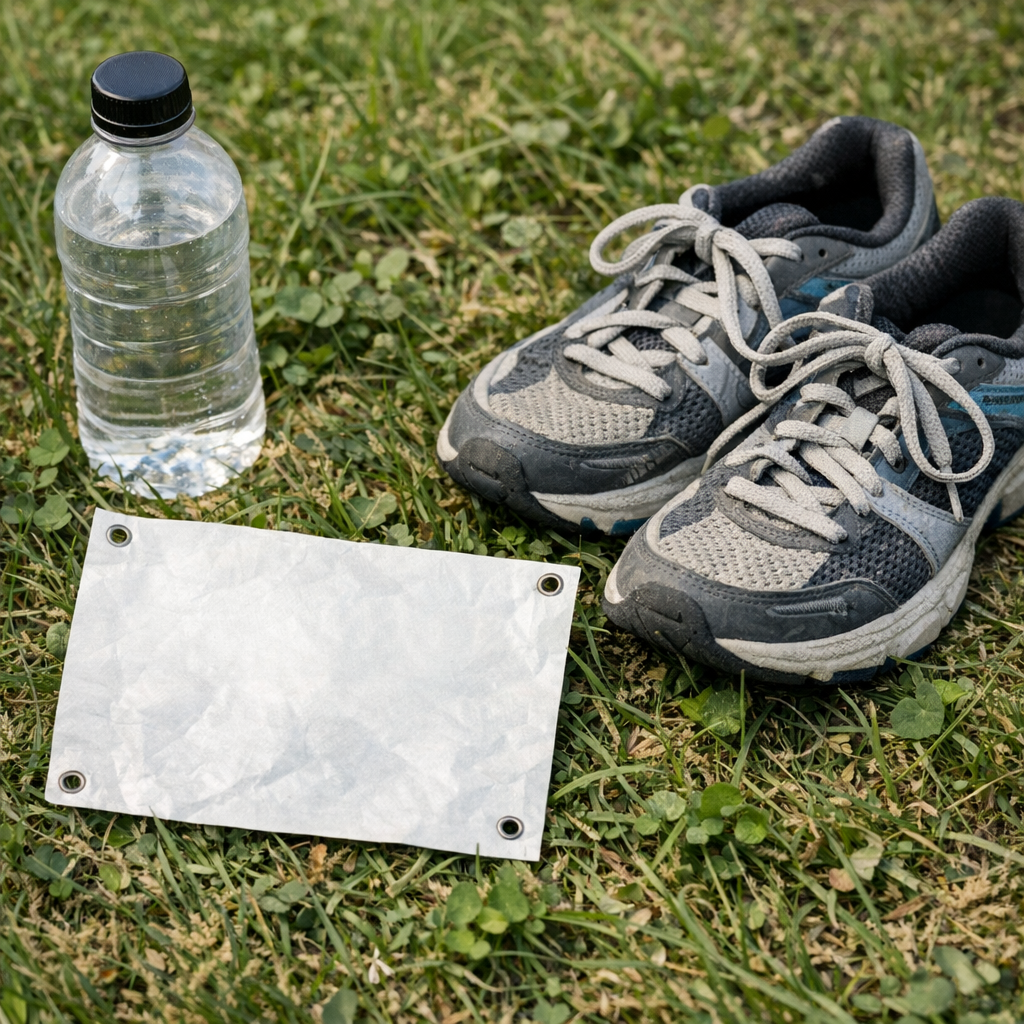 Race bib, sneakers, and a water bottle on grass before a local fun run