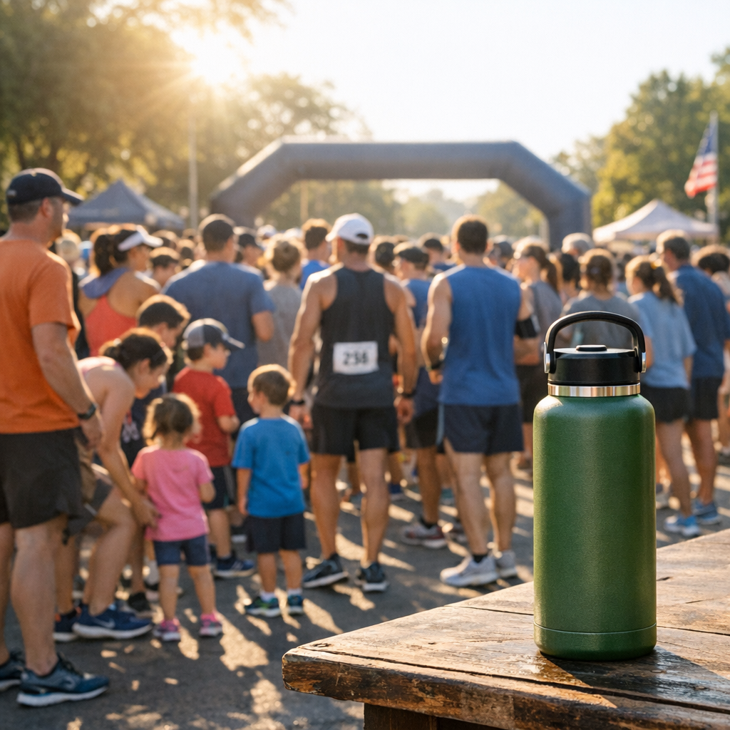 Runners and families gathered at a community fun run start line with a reusable water bottle