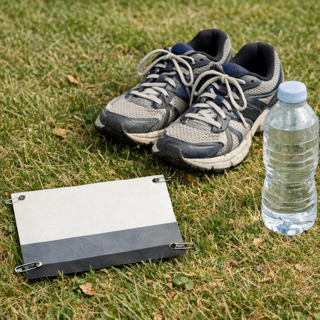 Race bib, sneakers, and a water bottle on grass before a local fun run