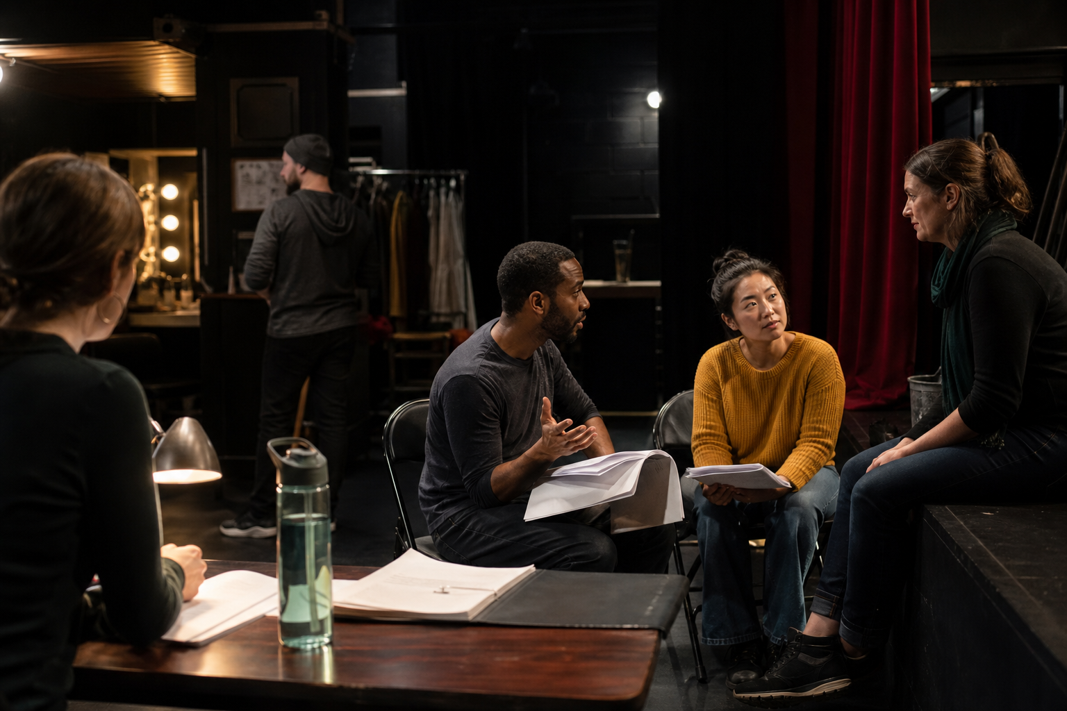 Community theater performers in a backstage rehearsal room with a reusable water bottle on a table