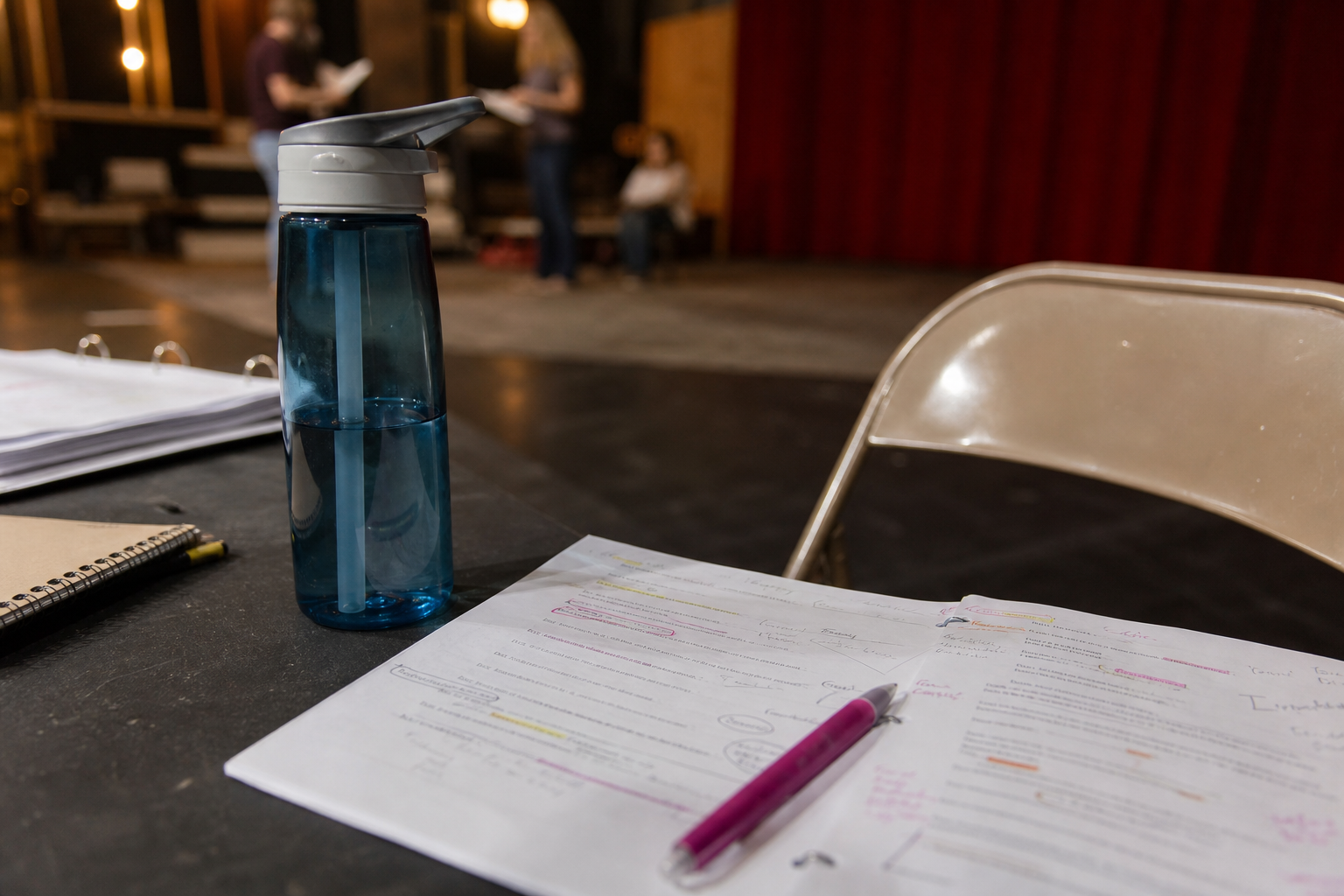 Reusable water bottle beside marked-up scripts and a folding chair near a theater stage