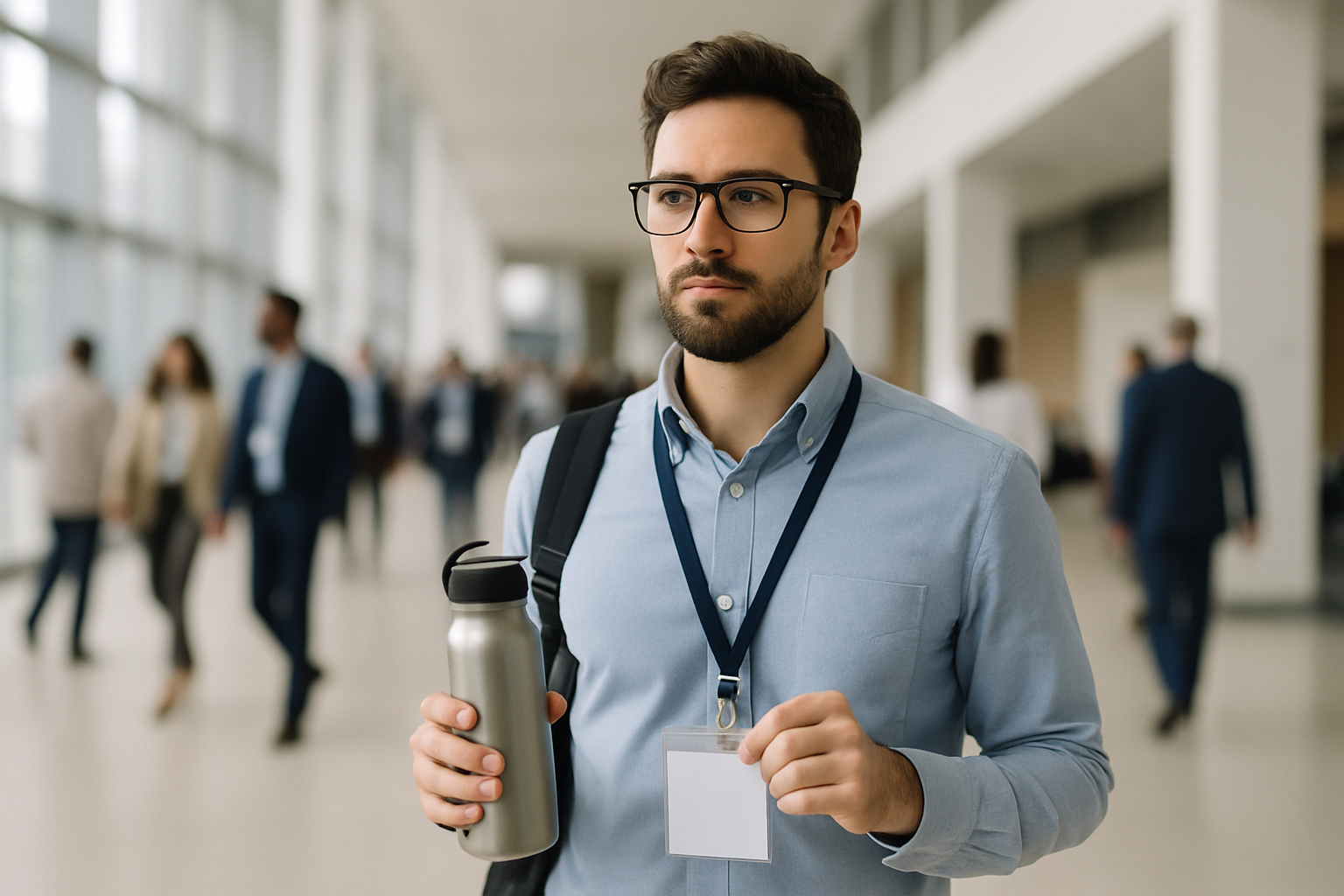 Conference attendee in a convention center hallway holding a reusable water bottle and event badge