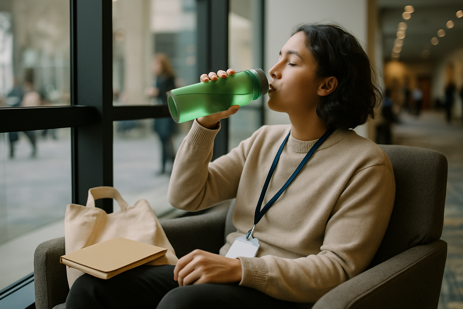 Person taking a water break in a conference lounge area beside a tote bag and notebook