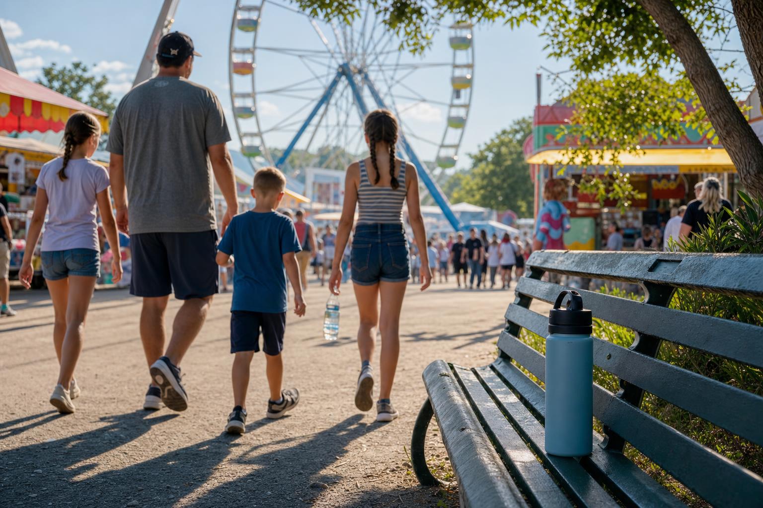 A realistic county fair scene with a reusable water bottle on a bench near the Ferris wheel and food stalls