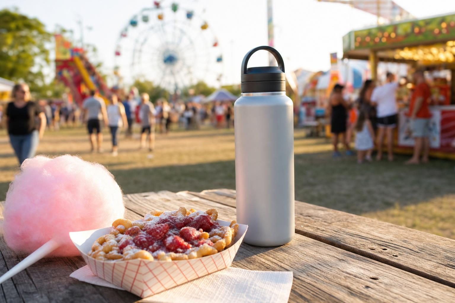 A realistic reusable water bottle on a county fair picnic table beside fair food and cotton candy