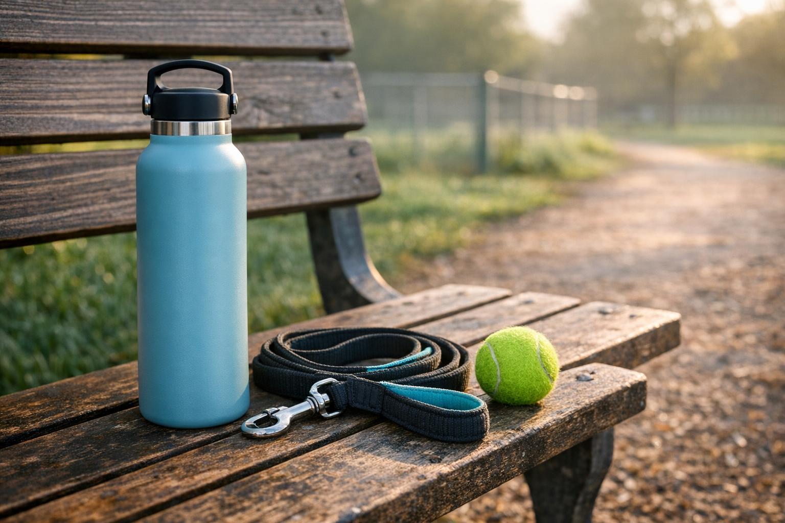 Reusable water bottle on a park bench beside a leash and dog toy in soft morning light at a neighborhood dog park