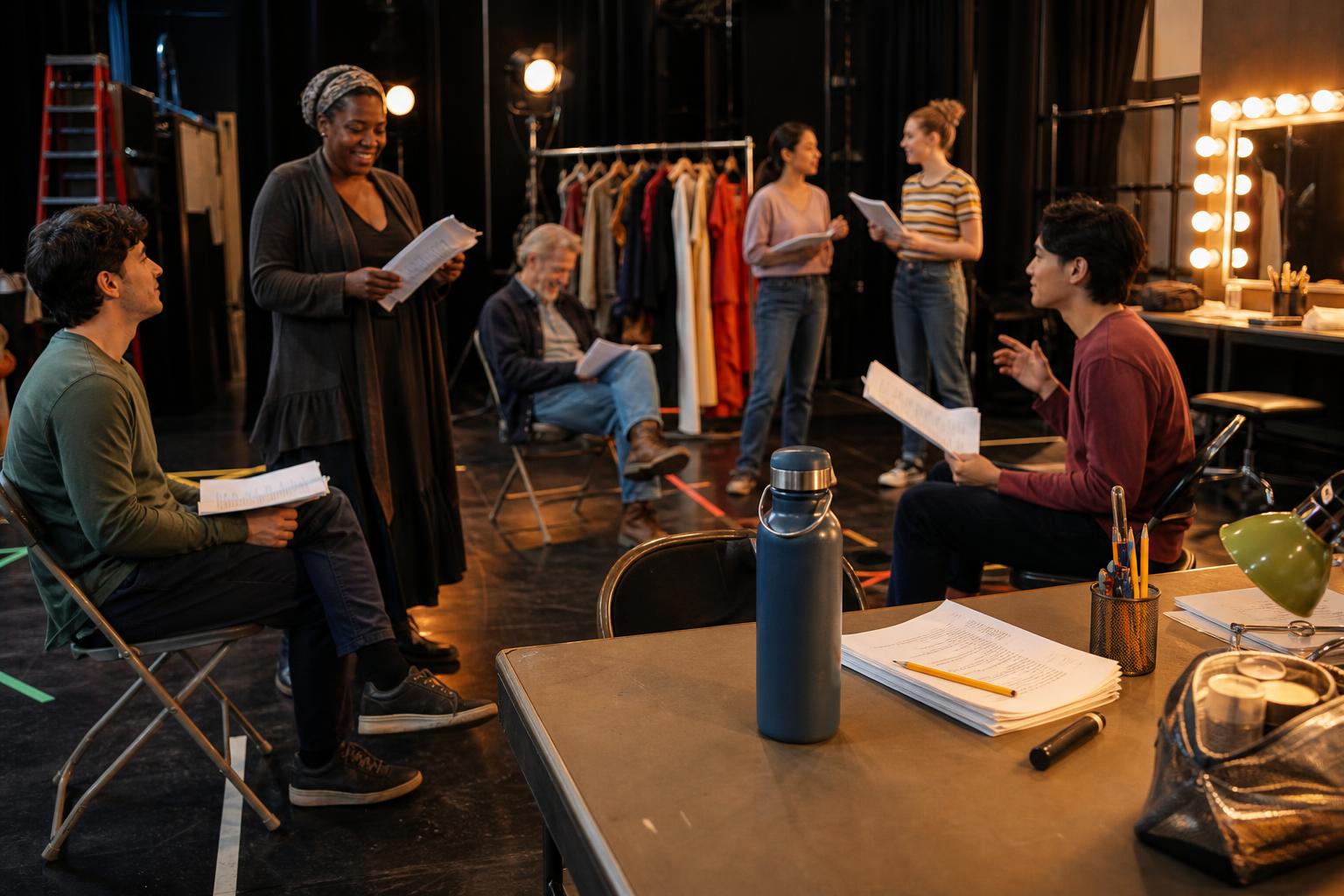 Community theater performers in a backstage rehearsal room with a reusable water bottle on a table