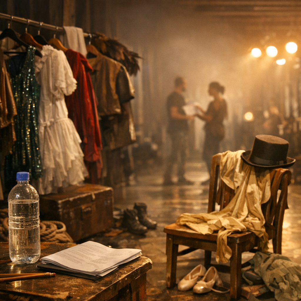 Theater rehearsal space with costumes, a water bottle, and warm stage lights
