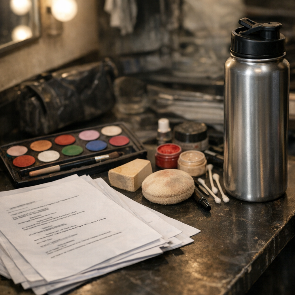 Script pages, stage makeup, and a reusable water bottle backstage
