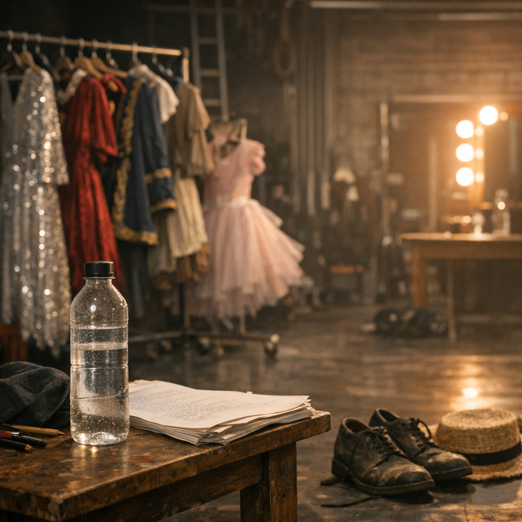 Theater rehearsal space with costumes, a water bottle, and warm stage lights