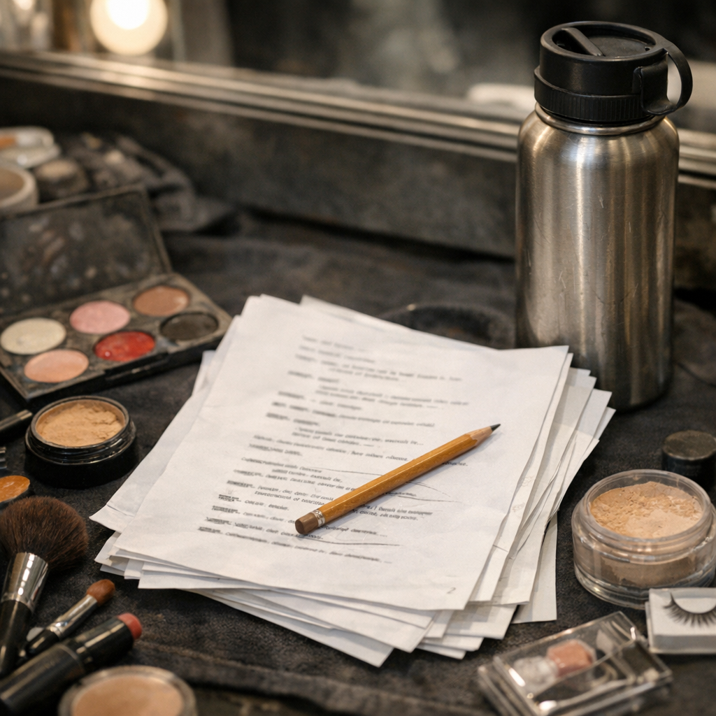 Script pages, stage makeup, and a reusable water bottle backstage