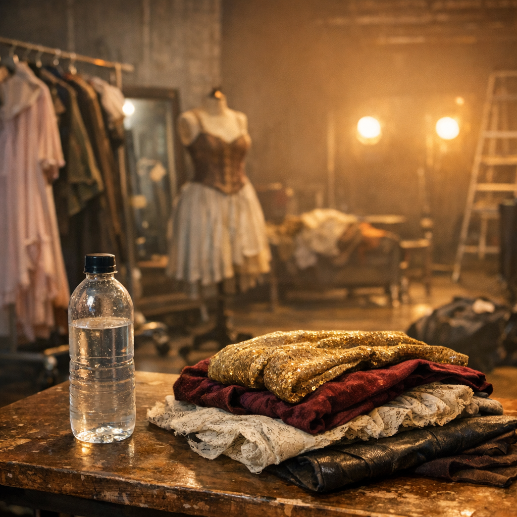 Theater rehearsal space with costumes, a water bottle, and warm stage lights