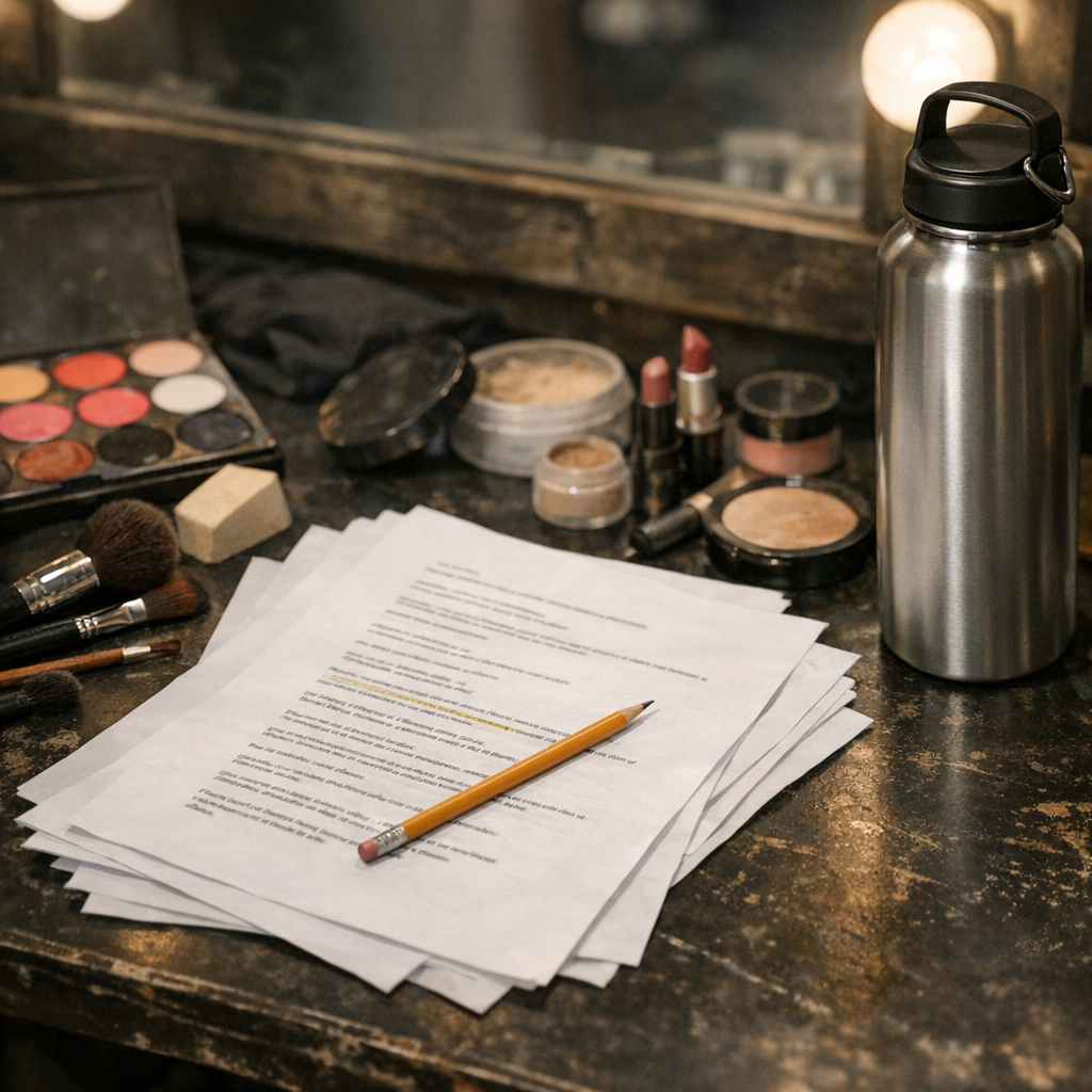 Script pages, stage makeup, and a reusable water bottle backstage