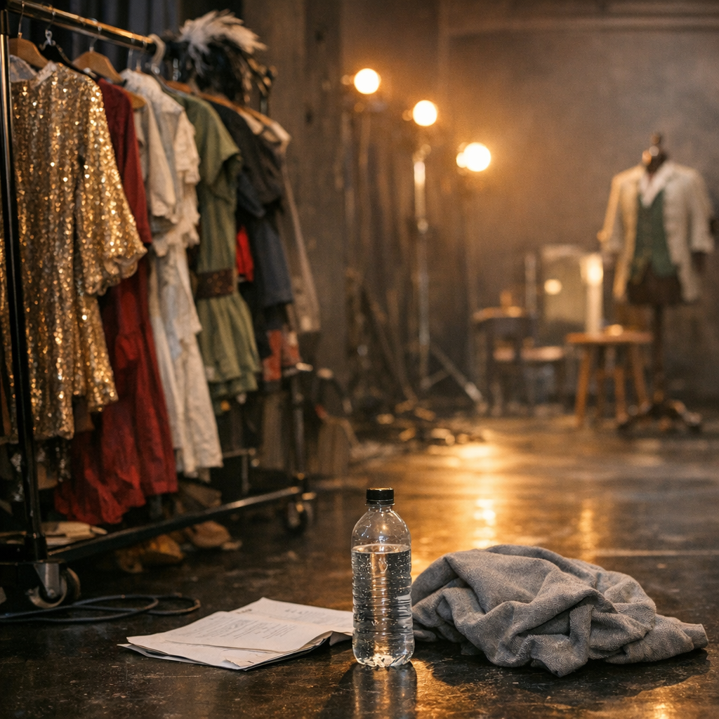 Theater rehearsal space with costumes, a water bottle, and warm stage lights