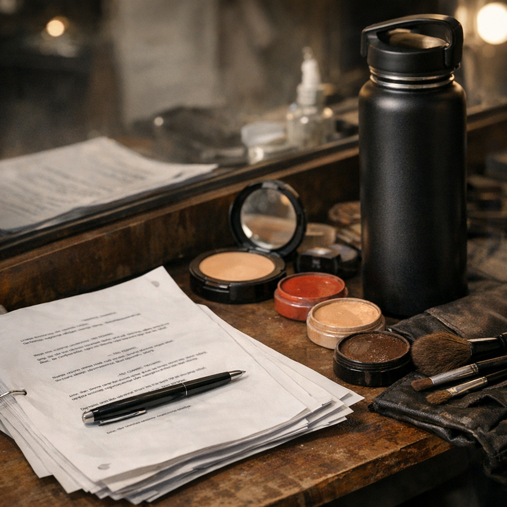 Script pages, stage makeup, and a reusable water bottle backstage