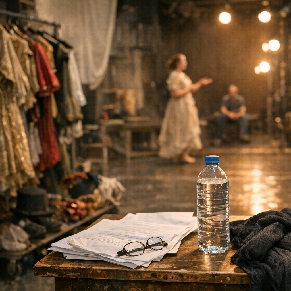 Theater rehearsal space with costumes, a water bottle, and warm stage lights