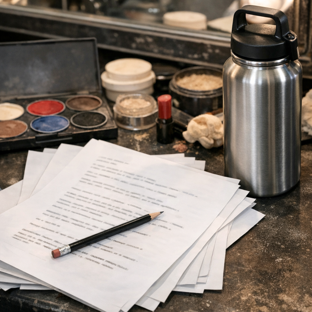 Script pages, stage makeup, and a reusable water bottle backstage