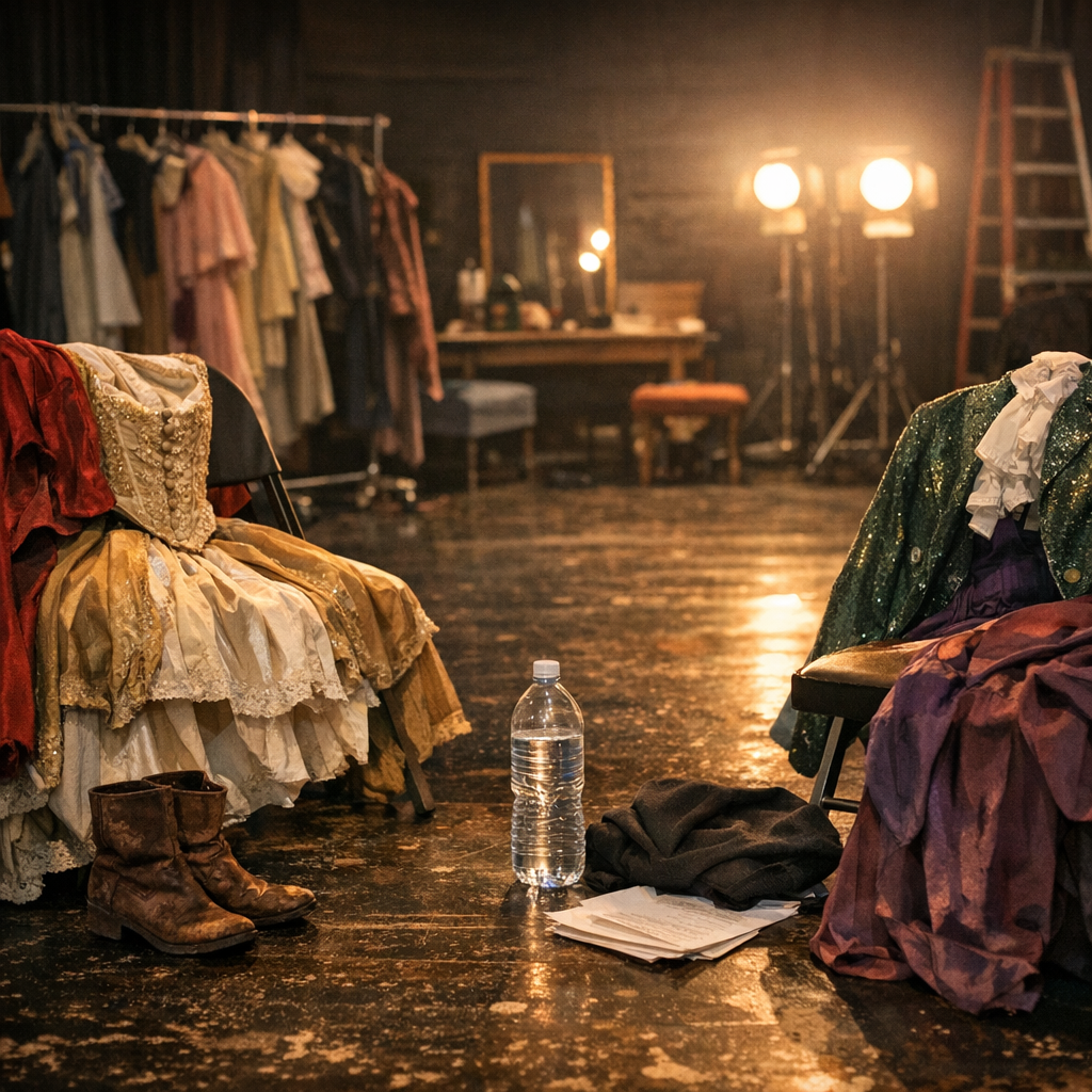 Theater rehearsal space with costumes, a water bottle, and warm stage lights