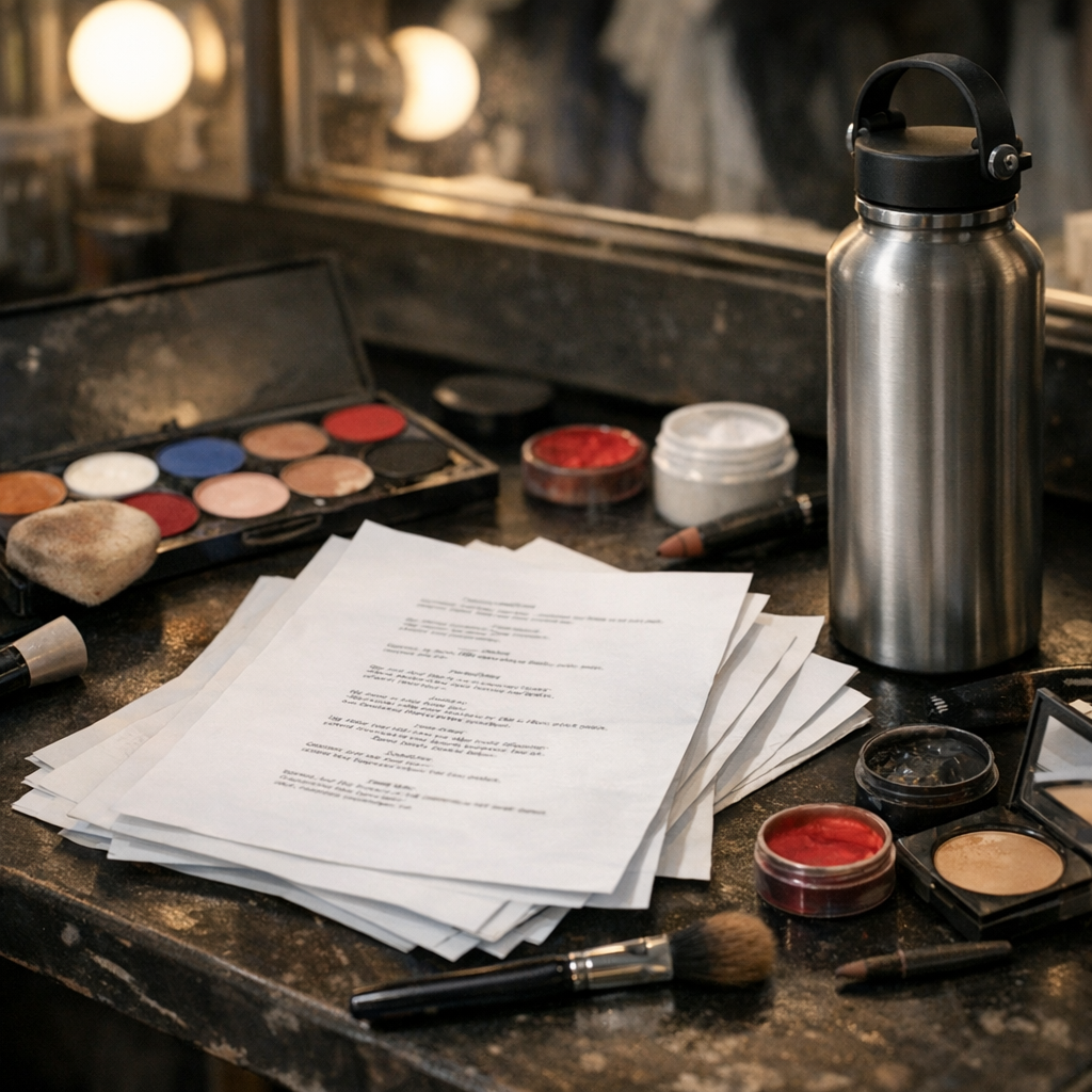 Script pages, stage makeup, and a reusable water bottle backstage