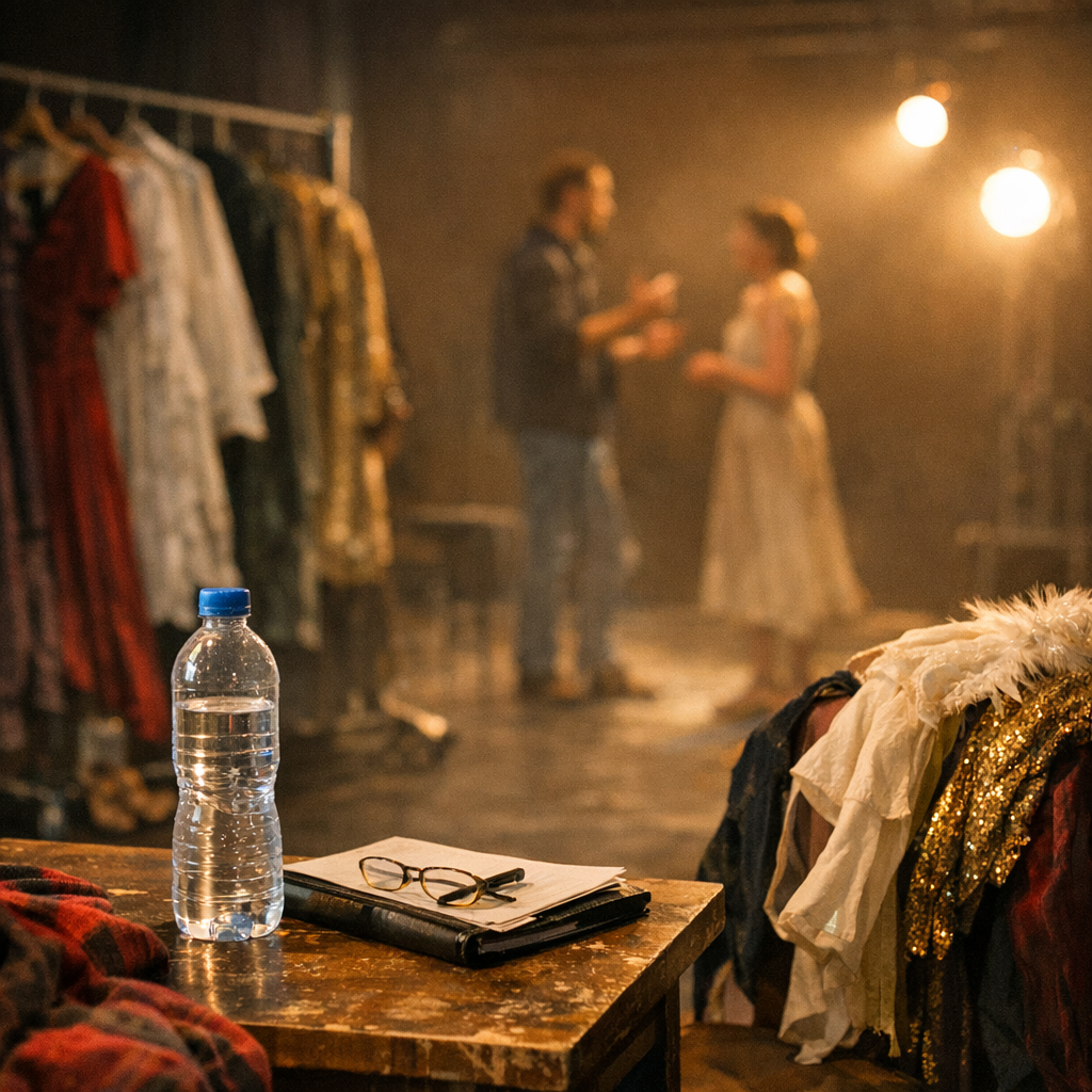Theater rehearsal space with costumes, a water bottle, and warm stage lights