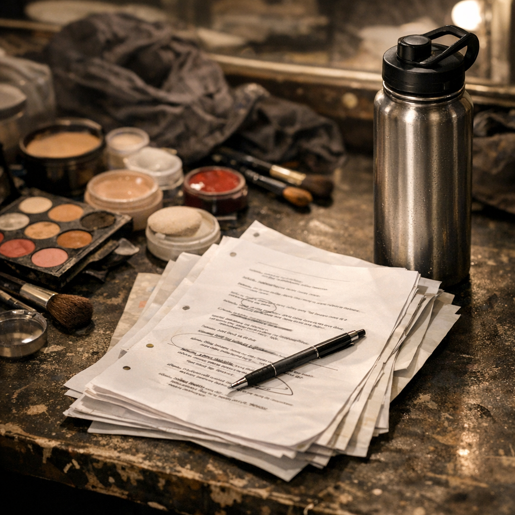 Script pages, stage makeup, and a reusable water bottle backstage