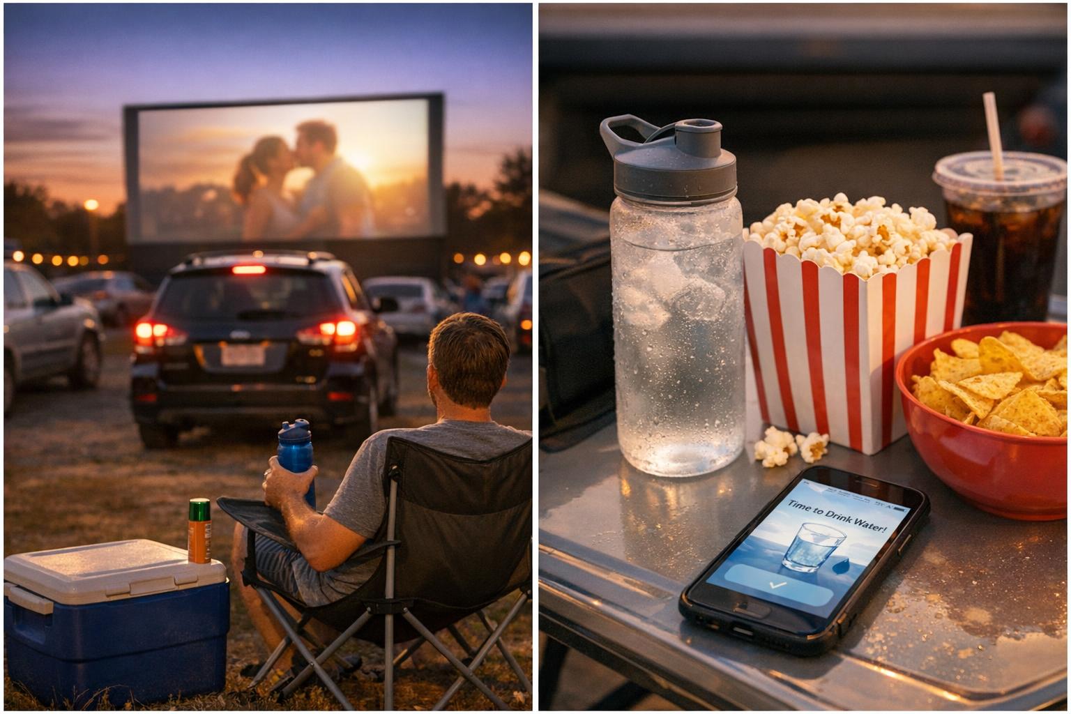Couple at a drive-in movie with a reusable water bottle, folding chair, cooler, and the screen glowing in the background