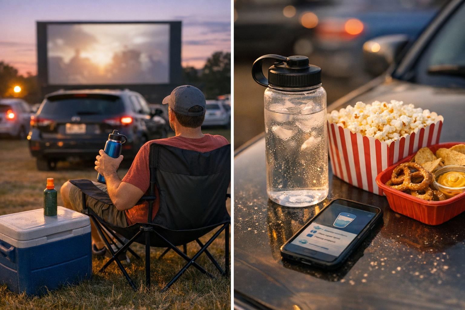 Drive-in snack setup with popcorn, a reusable water bottle, iced water, and a phone showing a hydration reminder