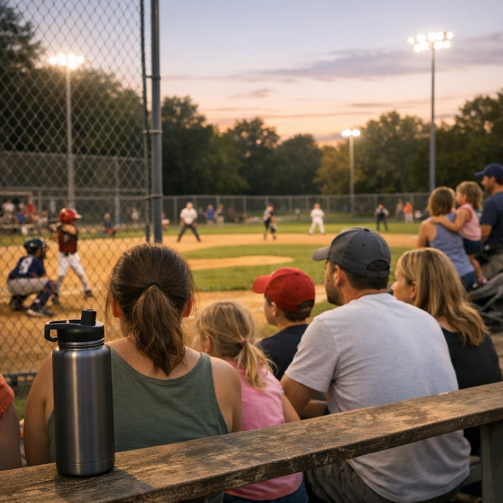 Families and players gathered around a bright ballfield on a warm evening with a reusable water bottle nearby