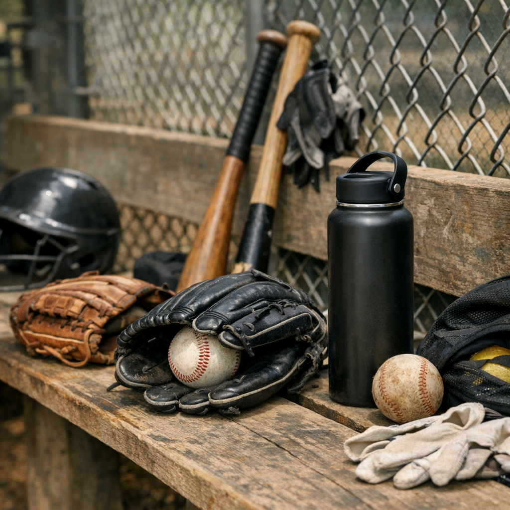 A second ballfield photo showing a water bottle, gloves, and gear near the dugout before practice