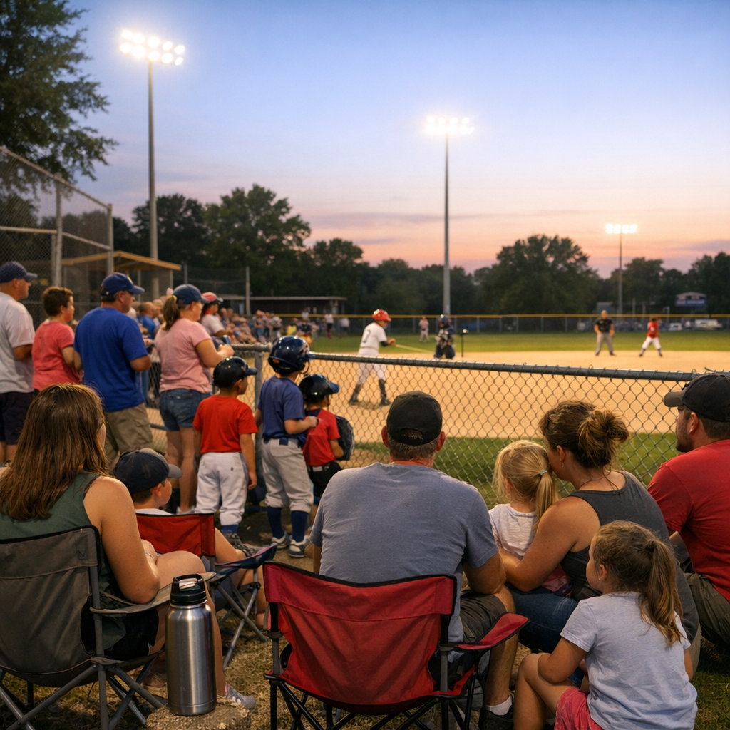 Families and players gathered around a bright ballfield on a warm evening with a reusable water bottle nearby