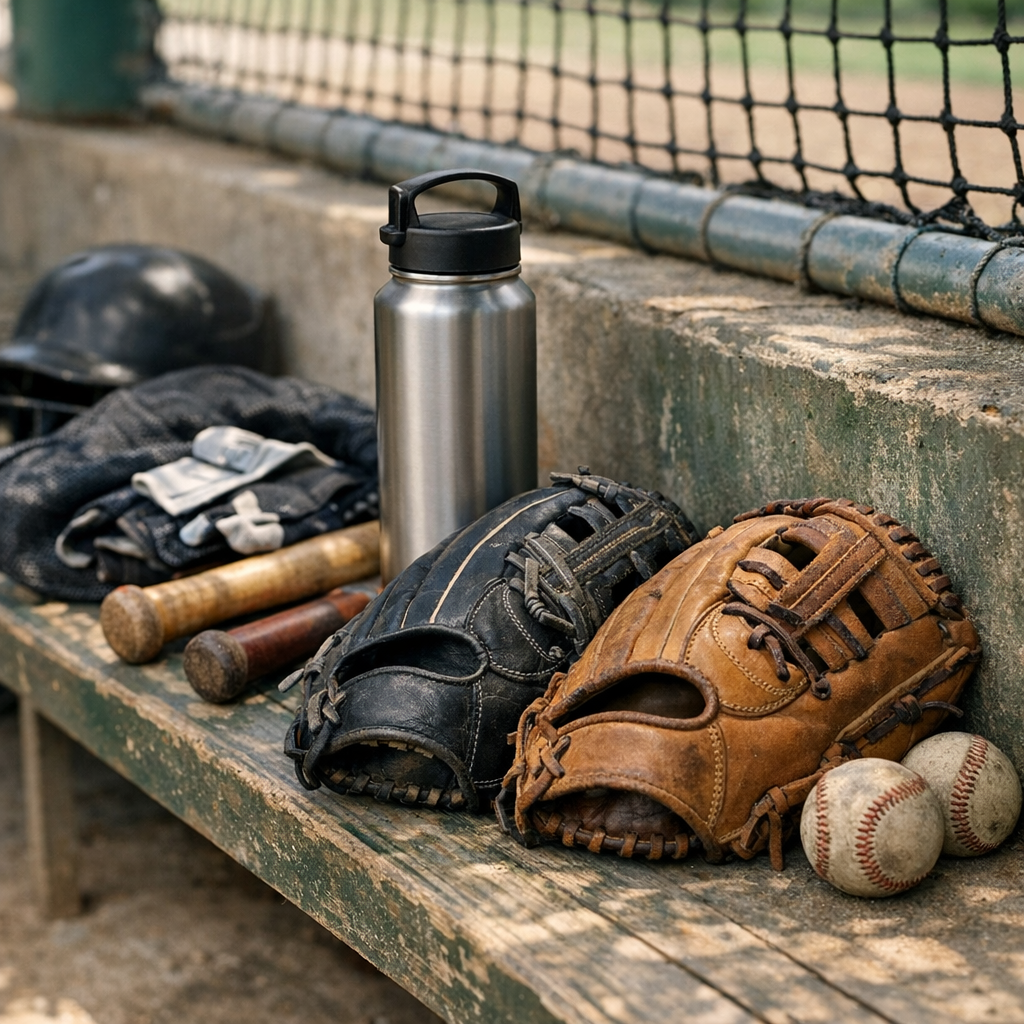 A second ballfield photo showing a water bottle, gloves, and gear near the dugout before practice