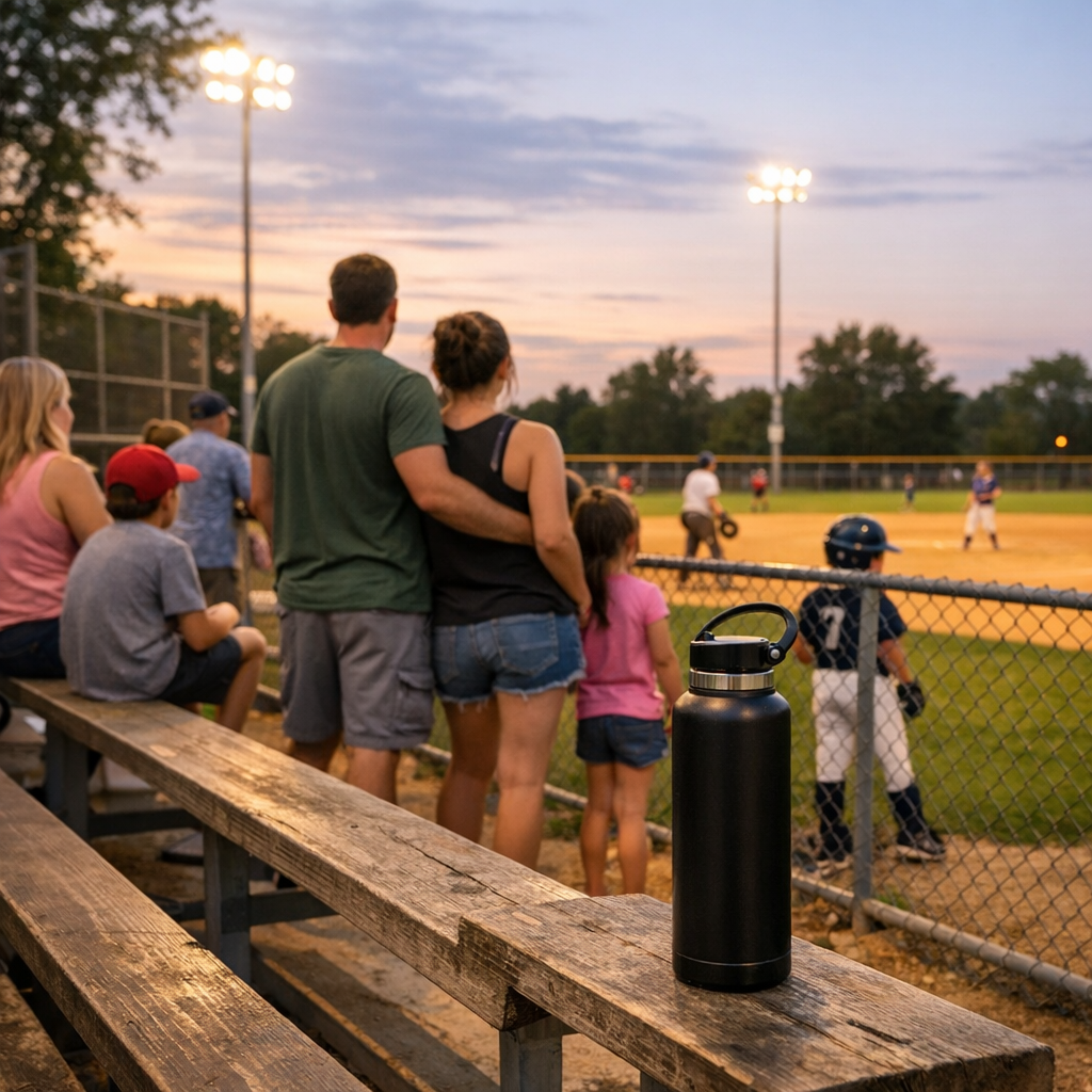 Families and players gathered around a bright ballfield on a warm evening with a reusable water bottle nearby