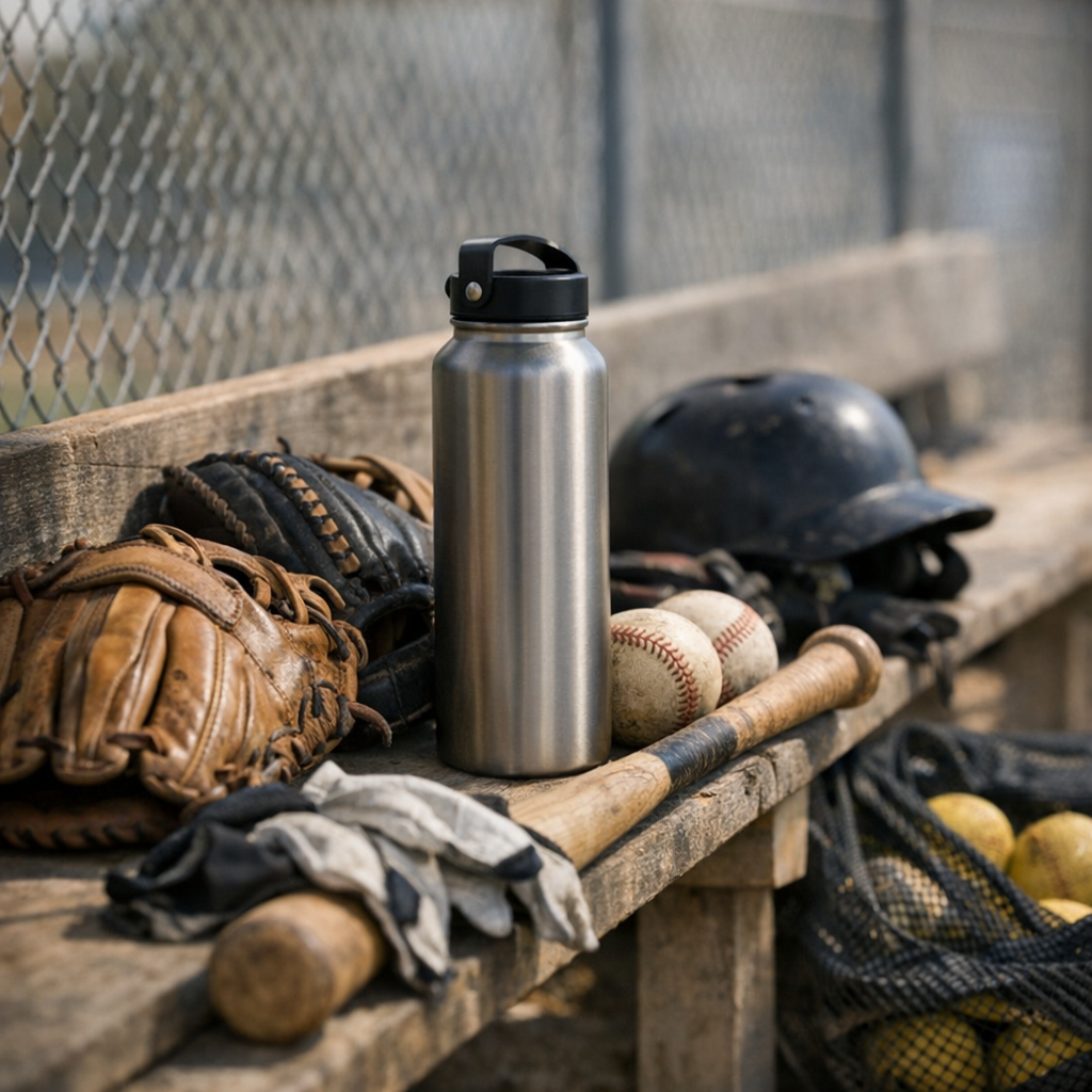 A second ballfield photo showing a water bottle, gloves, and gear near the dugout before practice