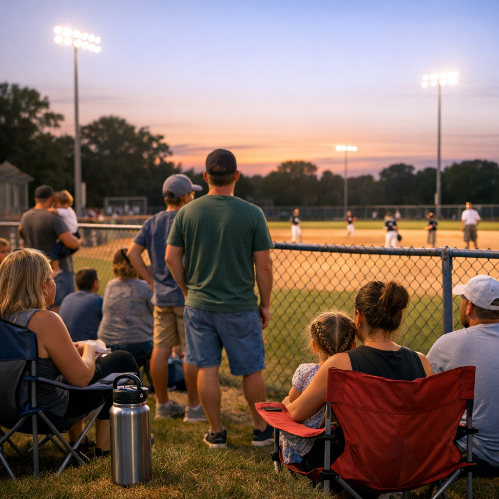 Families and players gathered around a bright ballfield on a warm evening with a reusable water bottle nearby