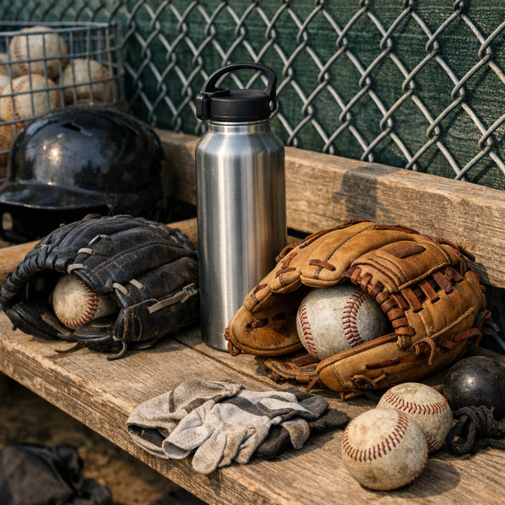 A second ballfield photo showing a water bottle, gloves, and gear near the dugout before practice