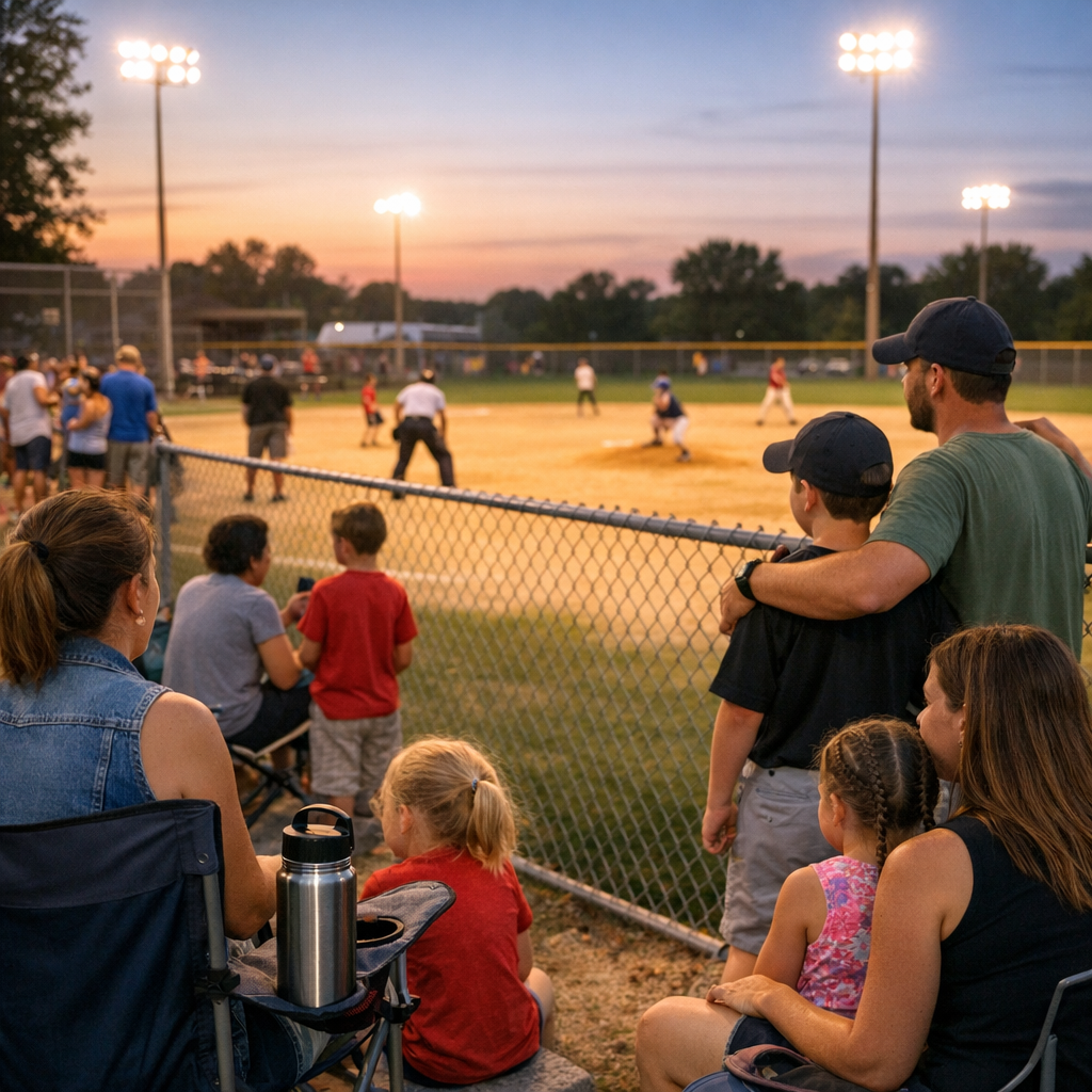 Families and players gathered around a bright ballfield on a warm evening with a reusable water bottle nearby