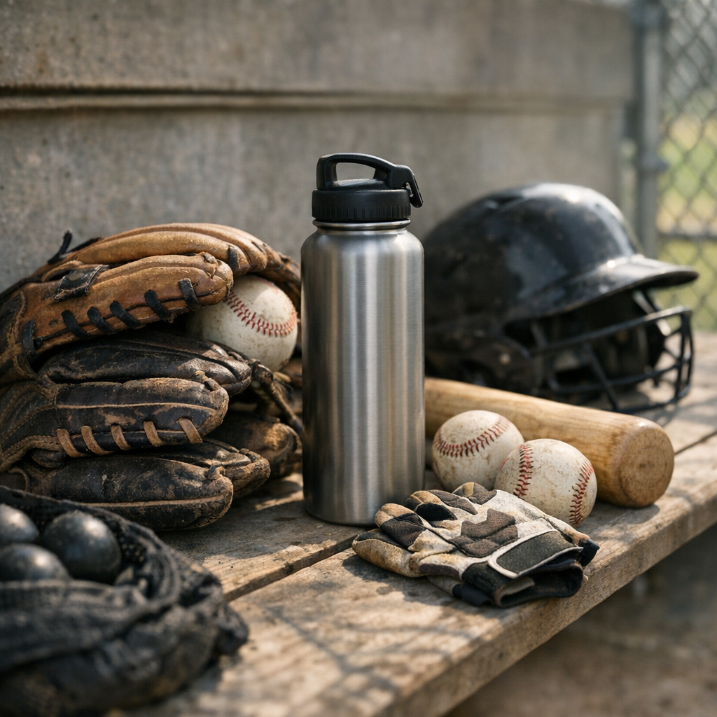 A second ballfield photo showing a water bottle, gloves, and gear near the dugout before practice
